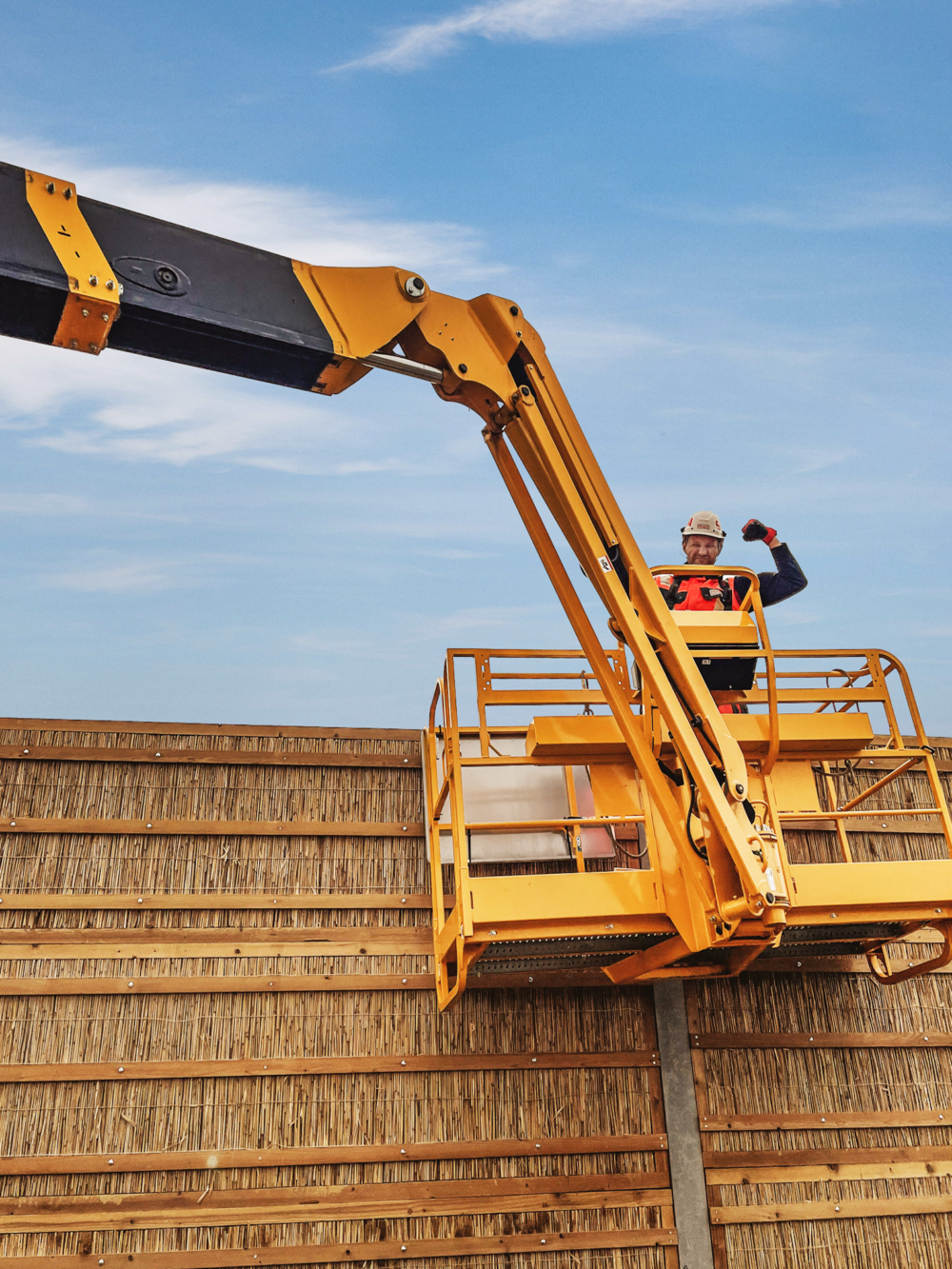 Montage einer ökologischen Lärmschutzwand aus Schilf mit Hebebühne entlang einer Straße, Facharbeiter montiert eine Lärmschutzwand aus Schilf mithilfe einer Arbeitsbühne an einer Verkehrsstraße